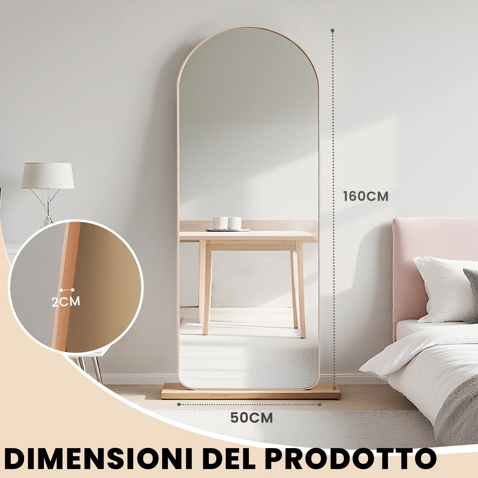 Specchio da Terra ad Arco 160x50 cm, Specchio da Parete con Cornice in Alluminio Dorato, Design Moderno, da Appoggiare o Appendere per Soggiorno, Camera da Letto, Ingresso