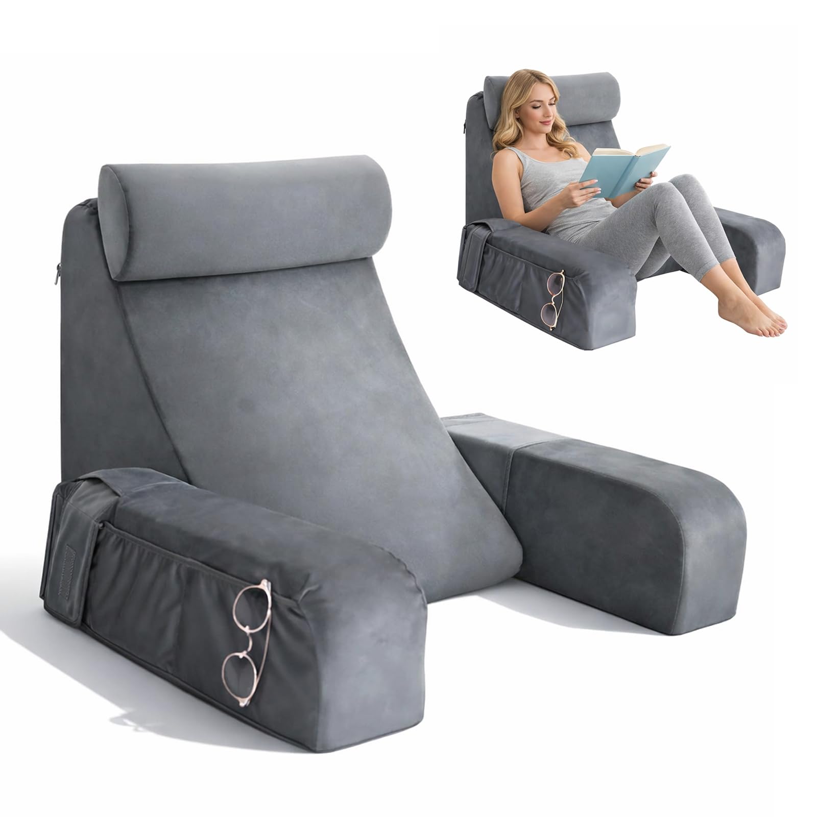 Bocguy Cojín de Lectura para Adultos，Cojín de Respaldo Suave para Lectura y Descanso - Comodidad Total en Cama o Sofá con Soporte Lumbar y Bolsillo para Guardar tu Teléfono y Mando