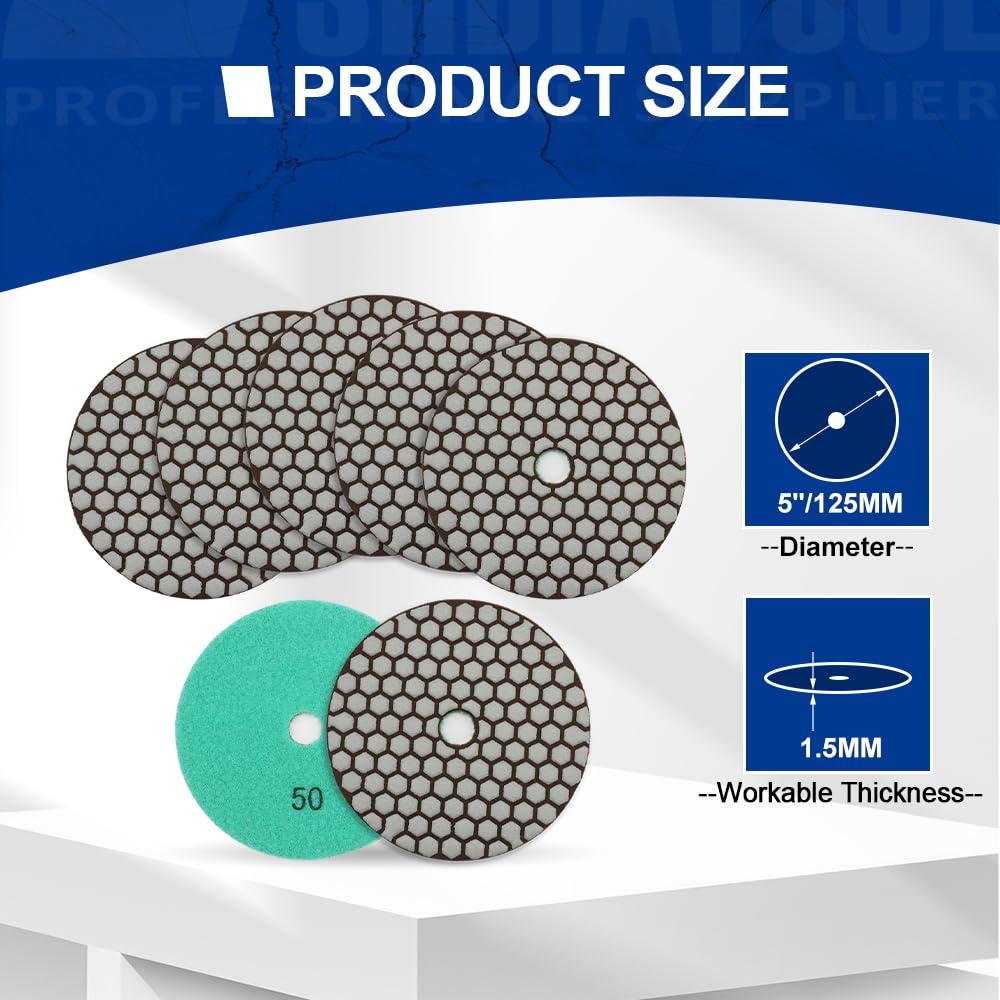 SHDIATOOL Almohadillas de pulido de diamante seco de 5 pulgadas grano 50 para granito mármol cuarzo (paquete de 7)