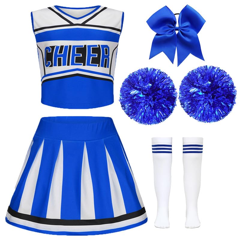 Amtum Cheerleader Outfit Kids Cheerleader Fancy Dress Uniform High SchoolWith Pom Poms Musical Uniform Outfit,Blue-120cm