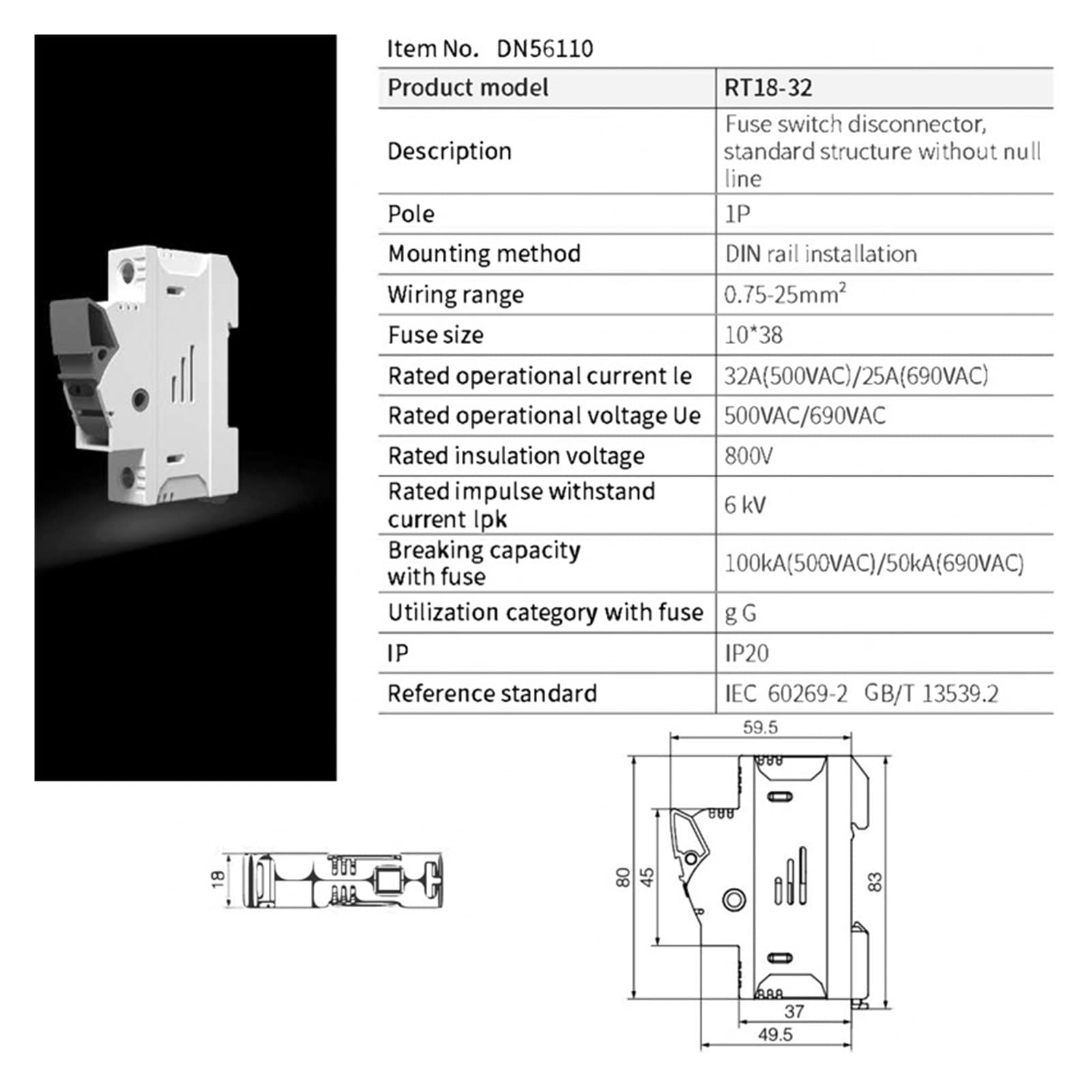 2PCS Sicherungshalter 10x38MM 500V RT18X Sicherungen Basis Box Anzeige Licht Flink Keramik RO15 DIN Schiene Montieren(RT18X-32-2pcs,4A)