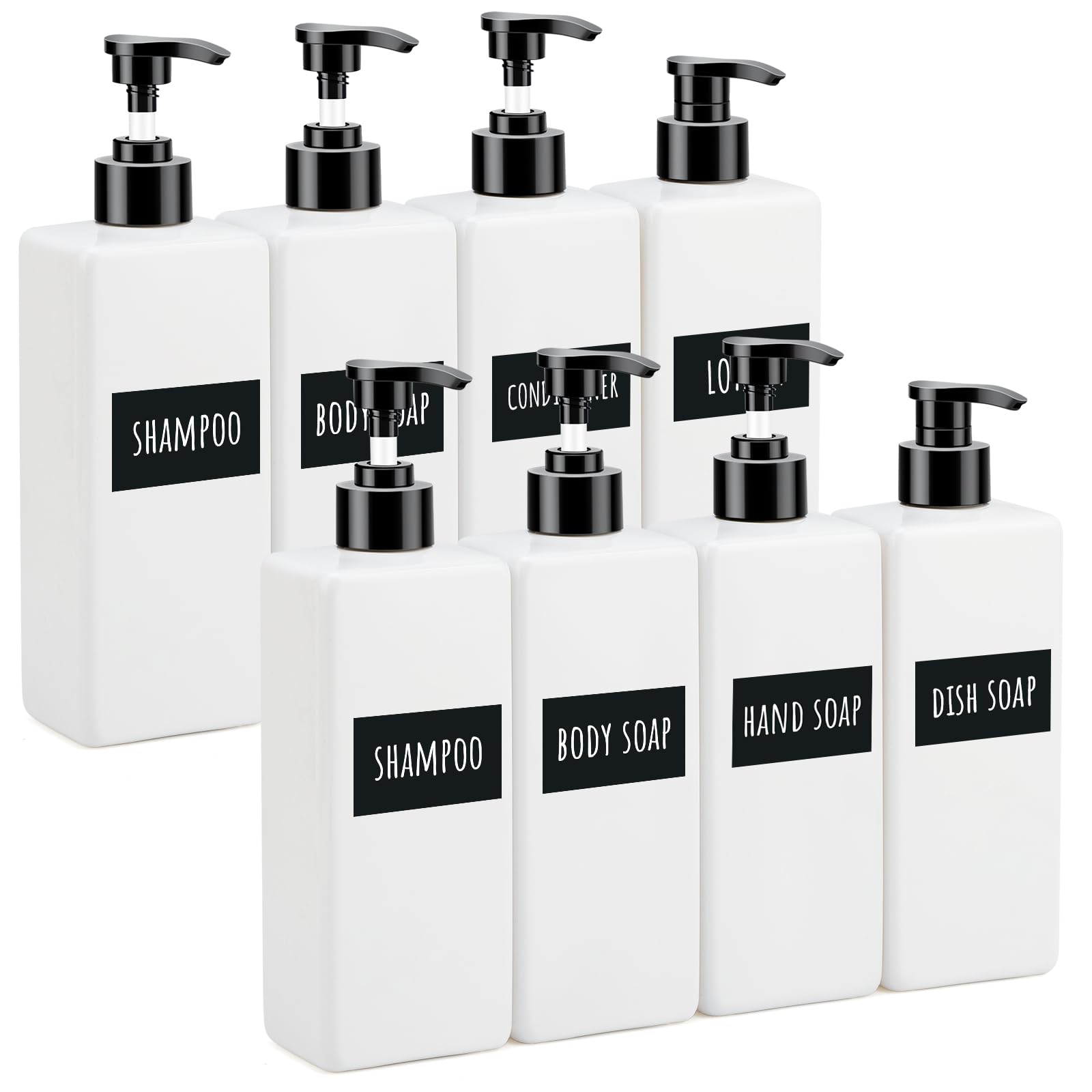 Segbeauty Shower Dispenser Refillable, 8 Pack of 16.9oz Empty Press Pump Bottles with Labels, 500ml Plastic Square Soap Dispenser Bathroom Kitchen