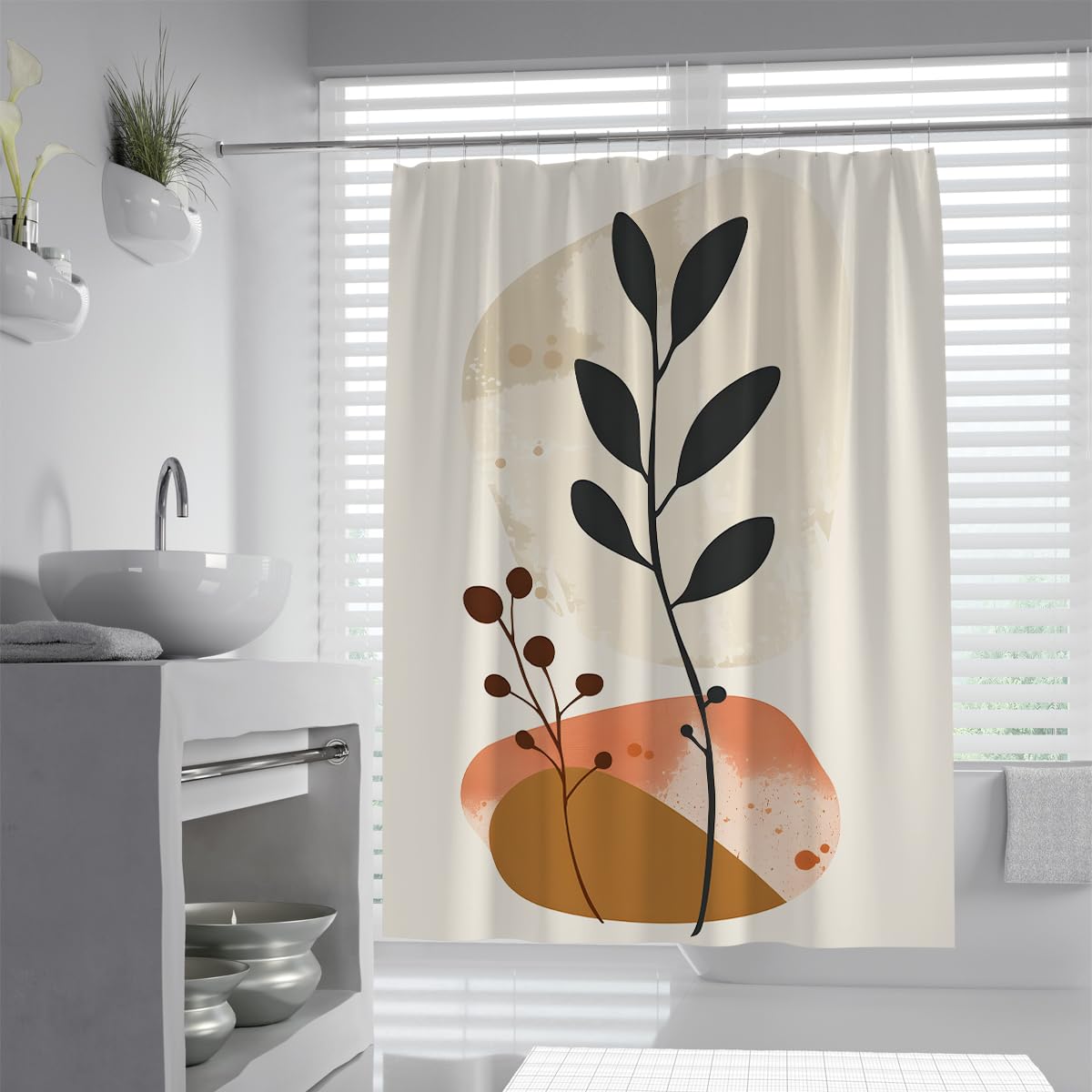 UIRINGART Abstract Shower Curtain W120xL180cm Bath Curtains Mid Century Modern Black Leaves Plant Waterproof Machine Washable Bathroom Wet Room Tub Divider With Hooks