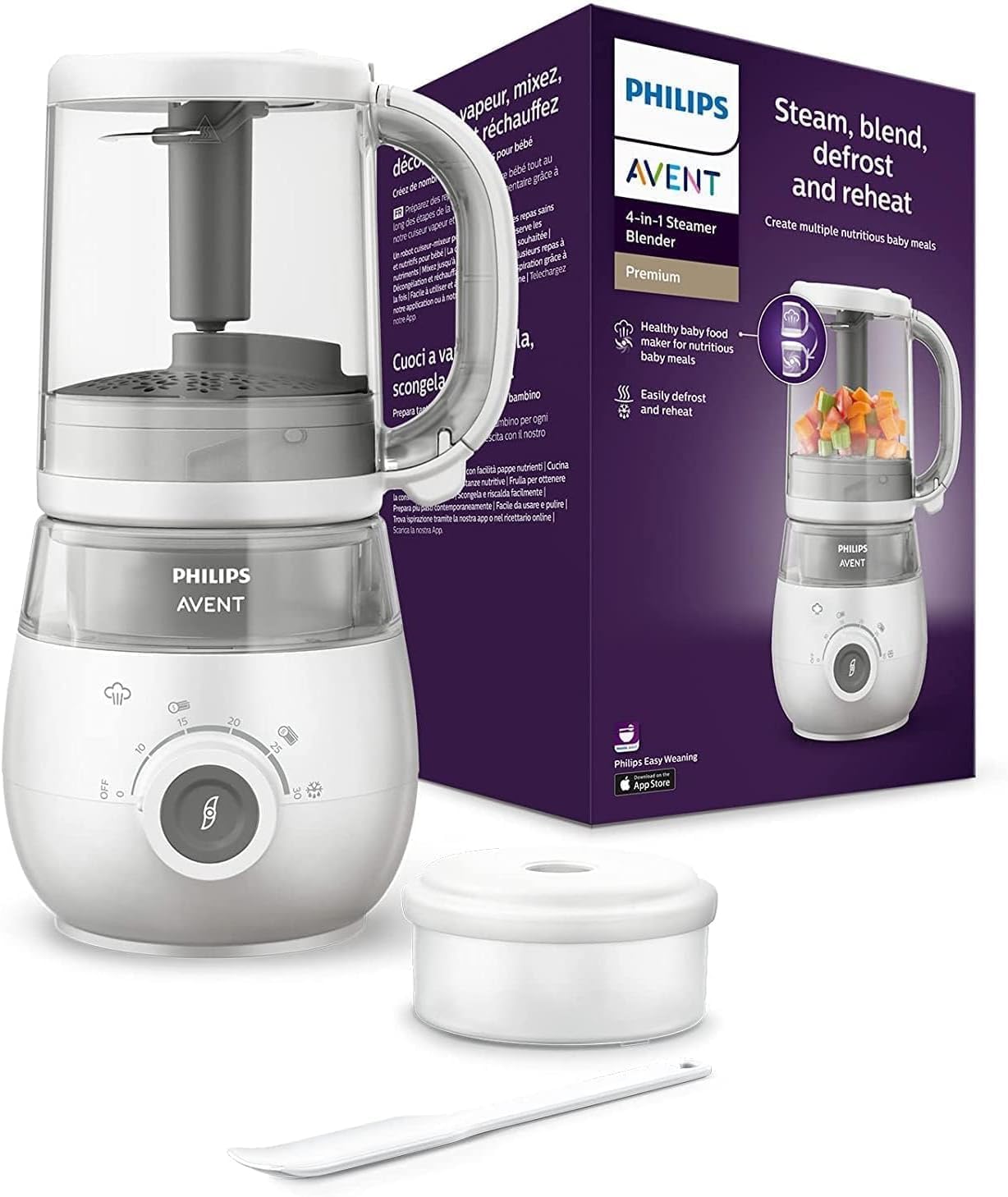 Philips AVENT 4-in-1 Dampfgarer mit Mixer Premium SCF883/01 Babynahrungszubereiter spülmaschinenfest + Aufbewahrungssystem SCF618/10