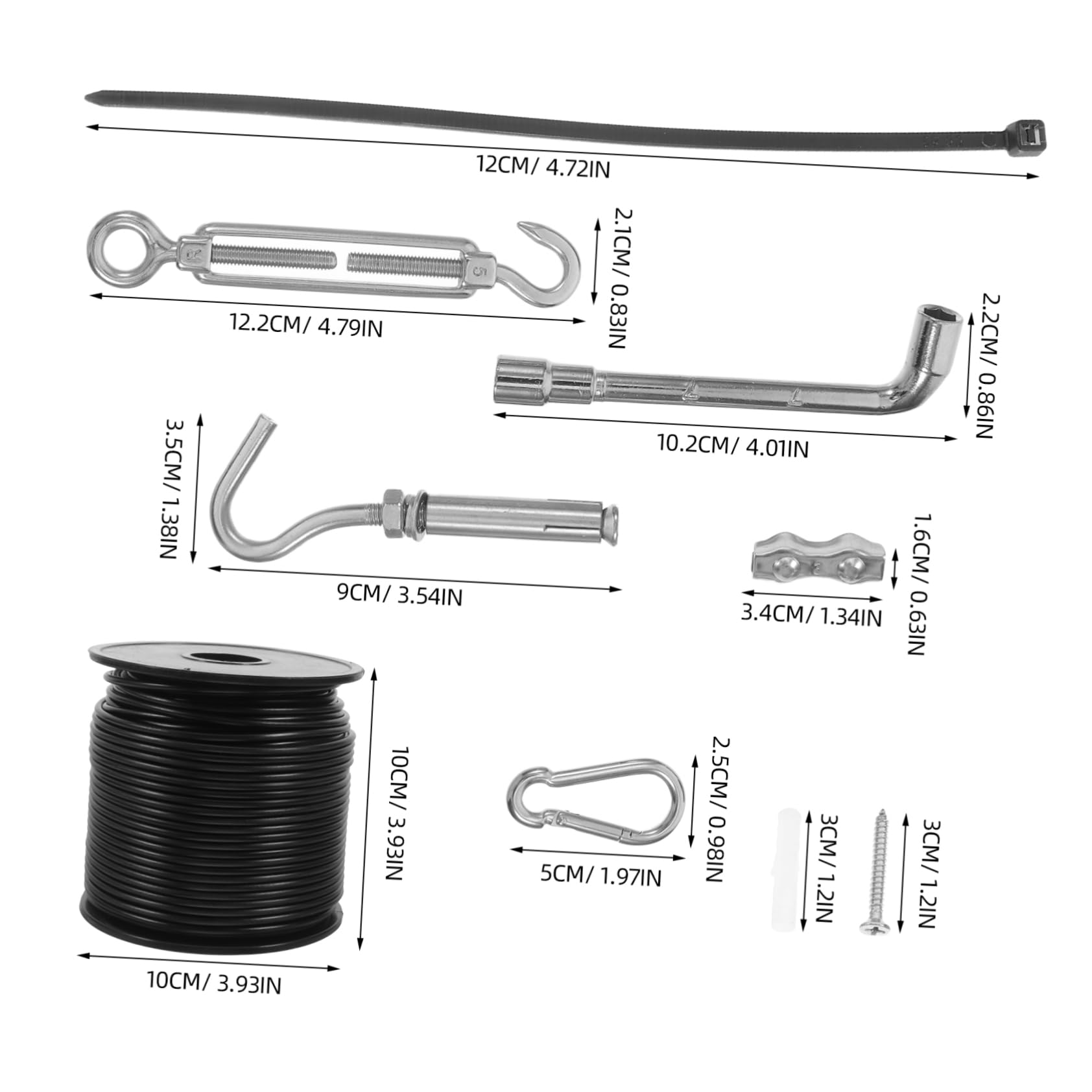 Mikikit 1 Set Outdoor String Lights Hanging Kit Stainless Steel Coated Wire Rope with Spring Hook and Tensioner Cable for Garden and Patio Lighting