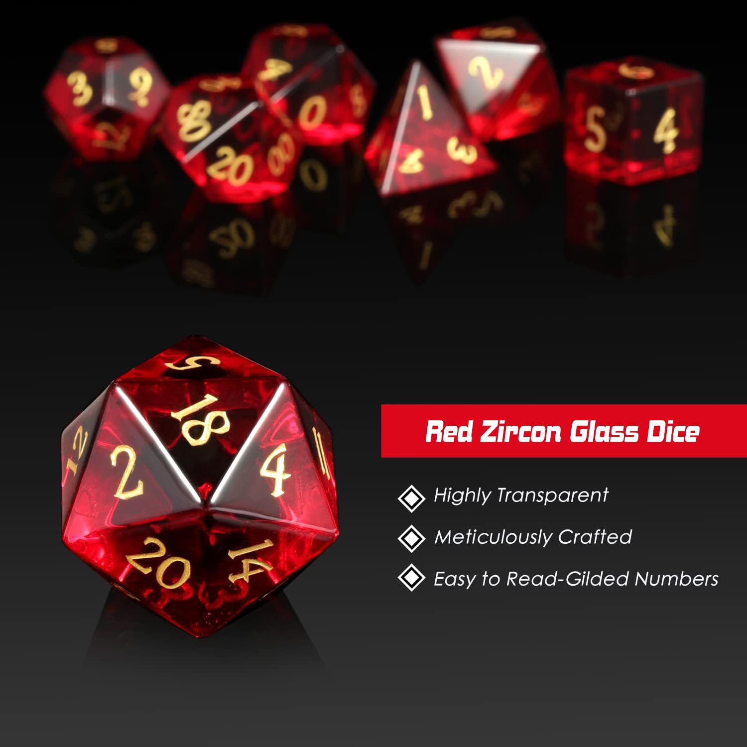 DNDND Glass Dice Set D&D 7 Piece Red Zircon Dice with Great Gift Box for DND Dungeons and Dragon Tabletop Game (Red Glass with Gold Num)