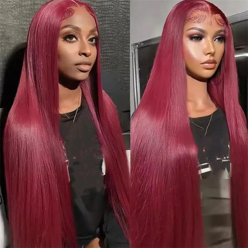Womens Burgundy Straight Lace Front Human Hair Wig 42 Inch HD Transparent Lace Pre Plucked Natural Hairline wigs
