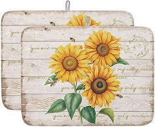Bee Sunflower Dish Drying Mat for Kitchen Counter Yellow Floral Wood Grain Farmhouse Vintage Super Absorbent Microfiber Coffee Bar Mat Washable Dish Drainer Rack Mat, 2 Pack, 18" x 24"
