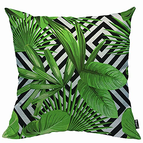 Mugod Funda de cojín verde de hoja de palma, fundas de almohada para verano, plantas de selva, hojas tropicales de palma en el negro y blanco, silla, 45x45 cm