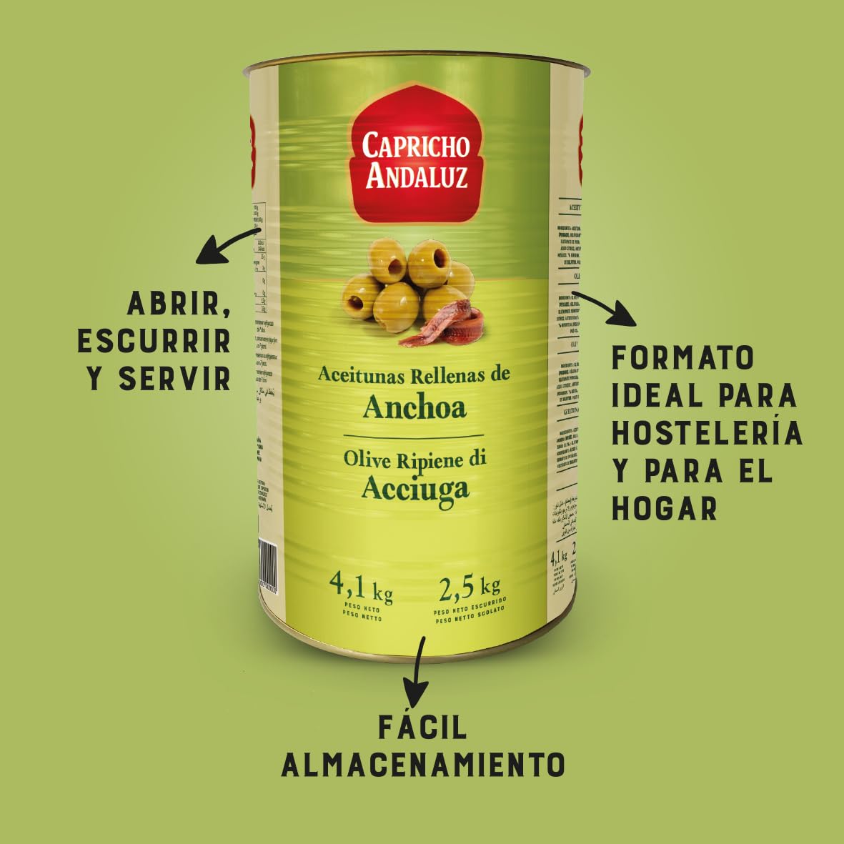 Capricho Andaluz - Aceitunas Manzanilla Rellenas de Anchoa Lata 4,1kg (2,5kg Escurrido) - Sabor Clásico de Aperitivo, Formato Profesional para Bares, Restaurantes y Caterings