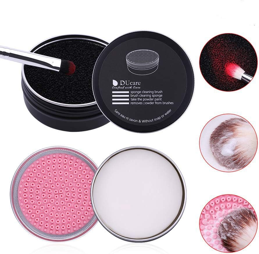 DUcare Makeup Brush Cleaner Set - Color Removal Sponge and Solid Cleaning Soap Cleanser with Silicone Makeup Cleaning Brush Scrubber Mat, 2 Pcs Portable Washing Tool for Cosmetic Brush Travel