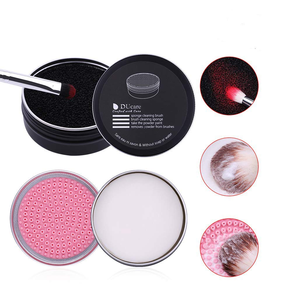 DUcare Makeup Brush Cleaner Set - Color Removal Sponge and Solid Cleaning Soap Cleanser with Silicone Makeup Cleaning Brush Scrubber Mat, 2 Pcs Portable Washing Tool for Cosmetic Brush Travel
