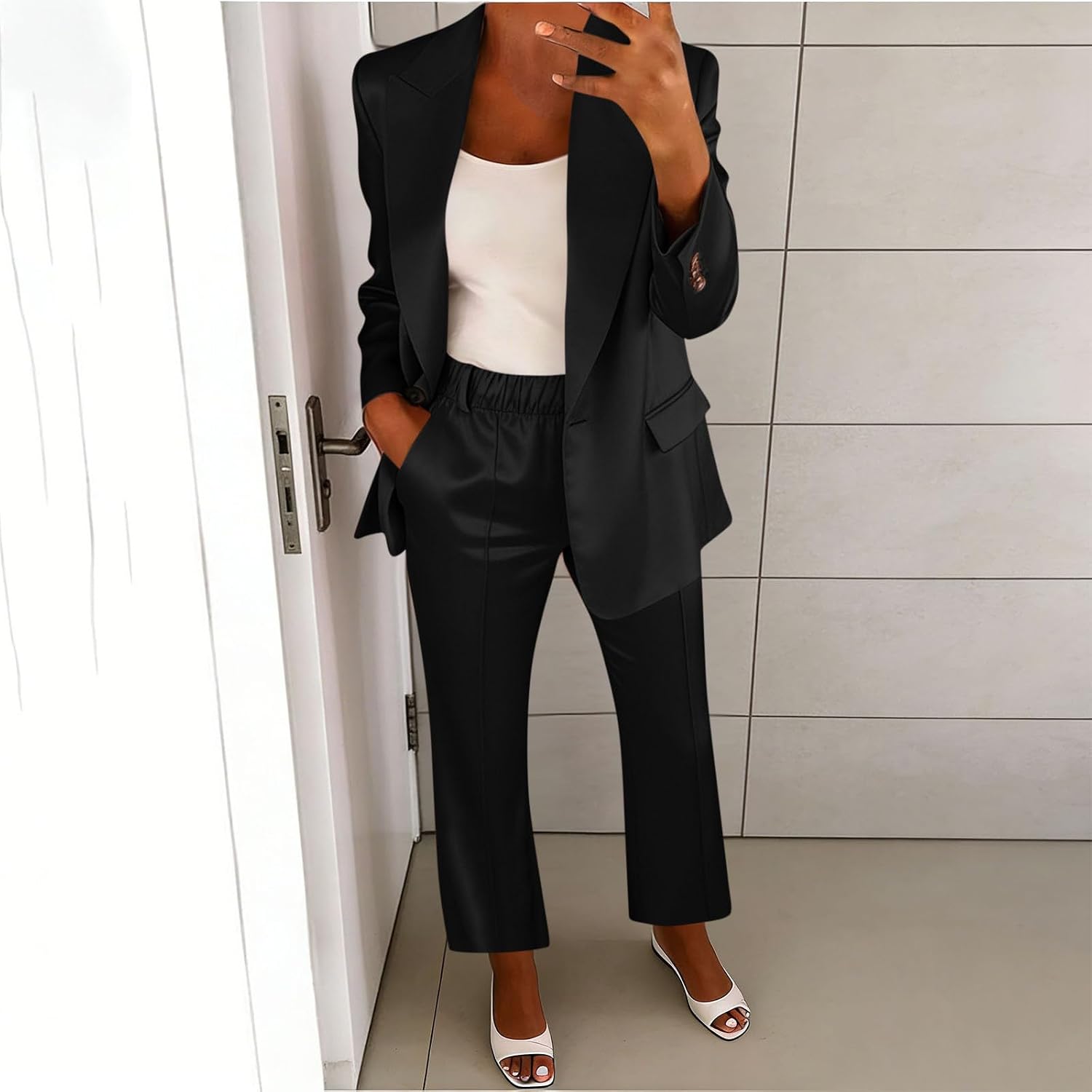 Women's 2 Piece Suit Set Business Casual Satin Button Blazer and Pant Suit for Office Work Professional Outfits
