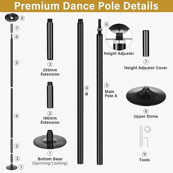 Genérico Barra de Pole Dance, 45 mm de diámetro, Altura Ajustable de 216 a 279 cm, portátil y Desmontable con función estática y-giratoria, Capacidad de Carga de 150 kg, Dorada - 3