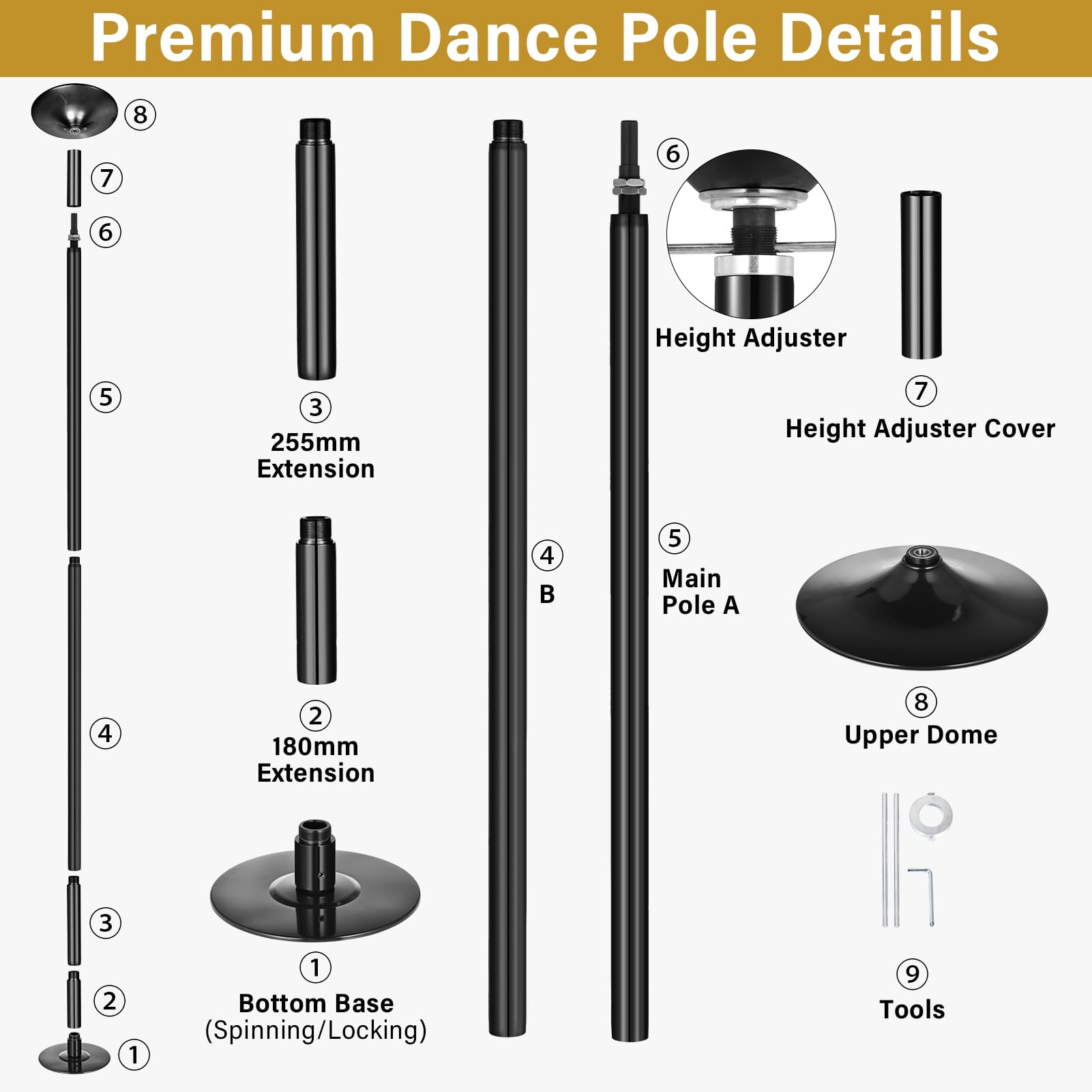 Genérico Barra de Pole Dance, 45 mm de diámetro, Altura Ajustable de 216 a 279 cm, portátil y Desmontable con función estática y-giratoria, Capacidad de Carga de 150 kg, Dorada — view 3