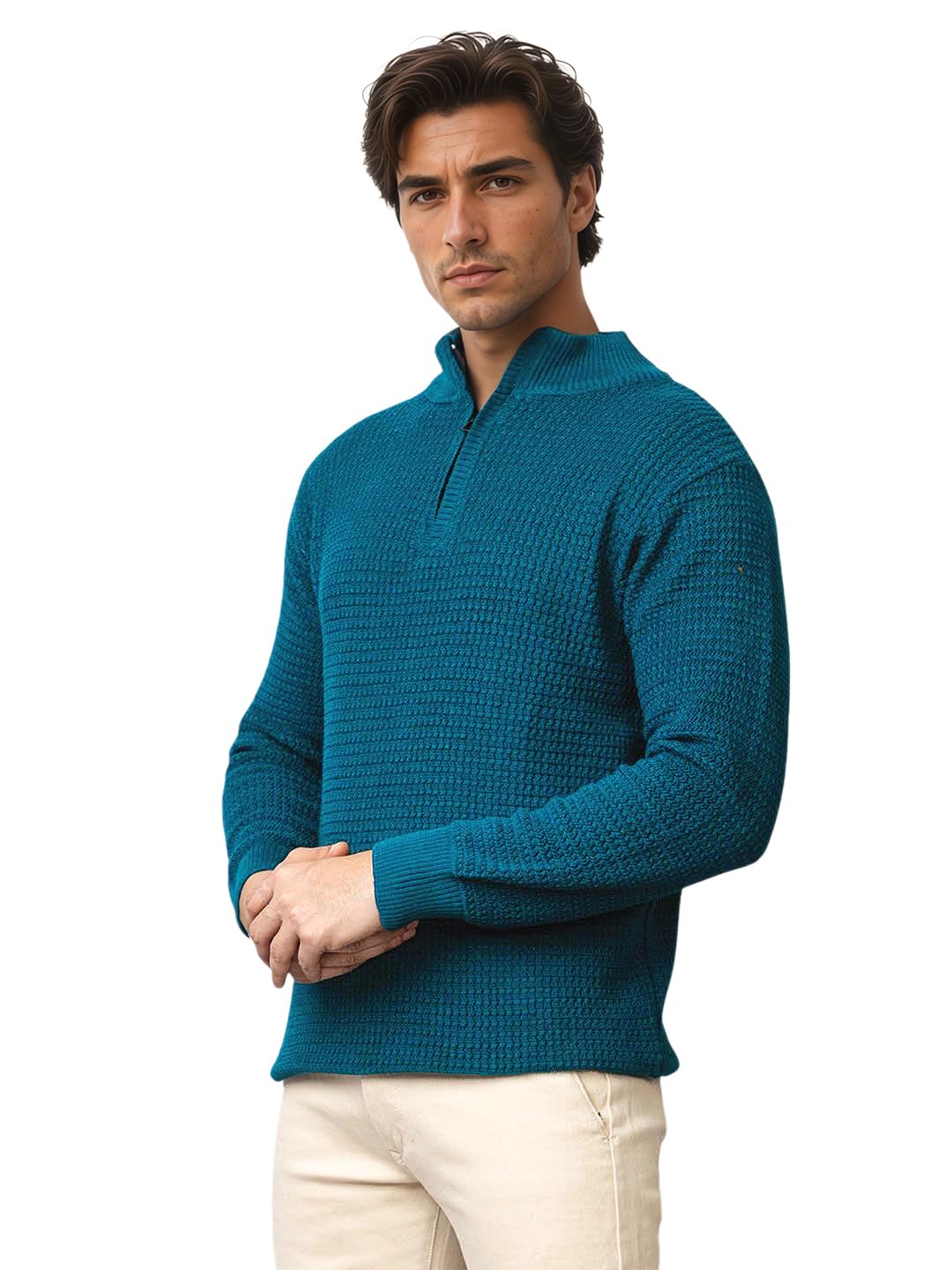 tysort Men High Neck Zipper Full Sleeve Waffle Knitted Winter Sweater,Waffle Knit Sweater for Men, Black-picture-38