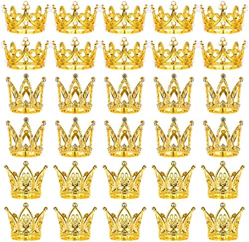 30 Pcs Gold Crown Cake Topper Mini Small Crowns Pearl Rhinestone Princess Cupcake Toppers for Flower Arrangements Glittering Cake Decoration for Girl Lady Bridal Wedding Birthday Party, 3 Style