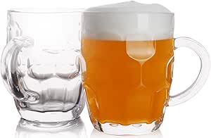 BothEarn 1 Pint Dimpled Beer Mug Set of 2 - Heavy British Pub Thick Glass with Handle - Stein Cup for Beer Lover in Home Party BBQ