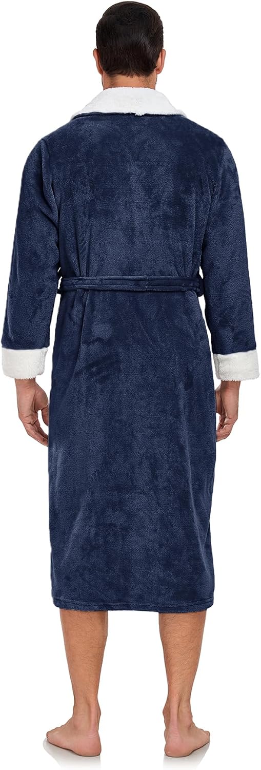 RONGTAI Men's Plush Long Bathrobe, Soft and Warm, Full Length, Shawl Collar, Fleece