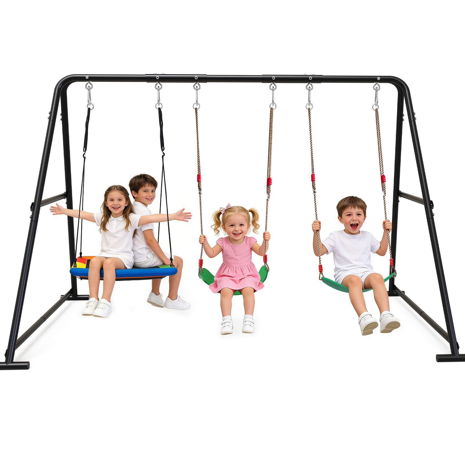 Photo 1 of 3-in-1 Swing Set for Backyard for Kids, with 1 Platform Swing, 2 Belt Swing, 600lbs Metal Swing Set for Toddler, Heavy-Duty Swing Stand w/8 Ground Stakes, Outdoor Swingset for Kids Adults (Black)