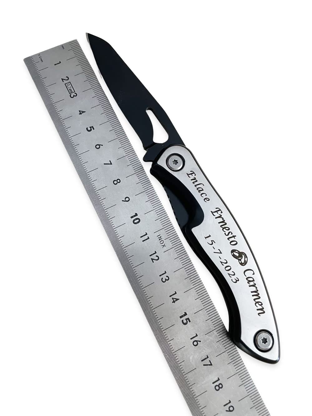 regalo grabado - 1 Navaja Personalizada | Acero Inoxidable Negro | Grabado Permanente | Ideal para Bodas, Bautizos y Eventos | Diseño Personalizable, Acero inoxidable | Unidades (1)