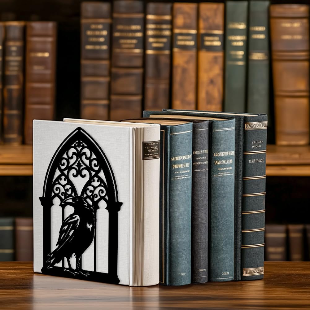 Peacoblue Buchstütze Dekorativ Modern Gotische Krähe Metall Buchstützen für Schwere Bücher 13.5x10.9x20.1cm, Bücherhalter für Heimdekoration, Bücherregal & Büro - 1 Paar