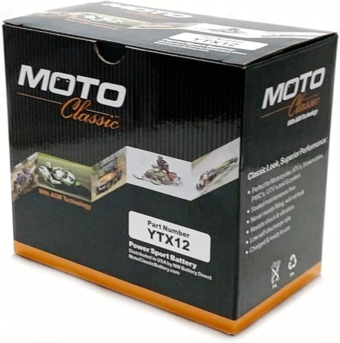 MotoClassic YTX12 - Batería de repuesto sellada AGM de alto rendimiento de 12 V, 12 Ah, 220 CCA - Batería YTX12 - Reemplazo confiable para baterías