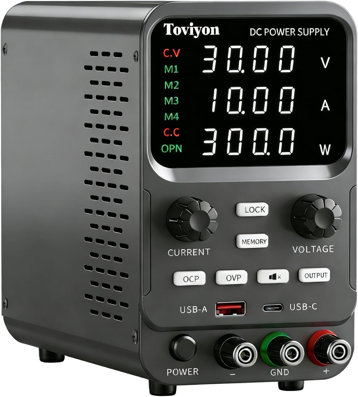 30V 10A DC Power Supply Variable, Adjustment Bench Power Supply with Encoder Knob, 4 Memory Presets, OCP/OVP Protection, USB-A and Type-C Fast Charge and Key Lock for Repair Lab DIY