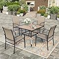 HERA'S HOUSE 5 Piece Patio Dining Set, 4 x Brown Textilene Dining Chair and 37" Square Wood-Like Dining Table with Umbrella Hole, Outdoor Table and Chairs Set for Lawn Garden Backyard Deck
