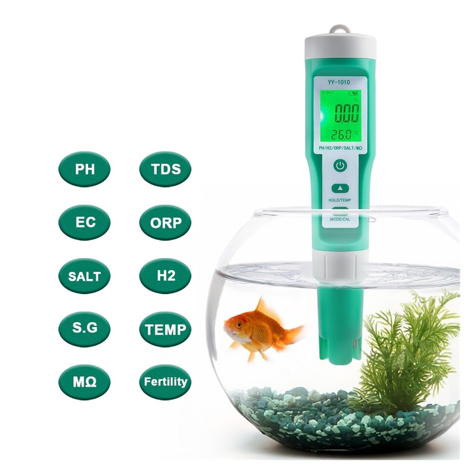 Zestaw do badania wody, 10 w 1 PH/EC/TDS/ORP/H2/Żyzność/Zasolenie/SG/Rezystywność/Temp Miernik jakości wody Cyfrowy wielofunkcyjny tester do akwariów(Meter)