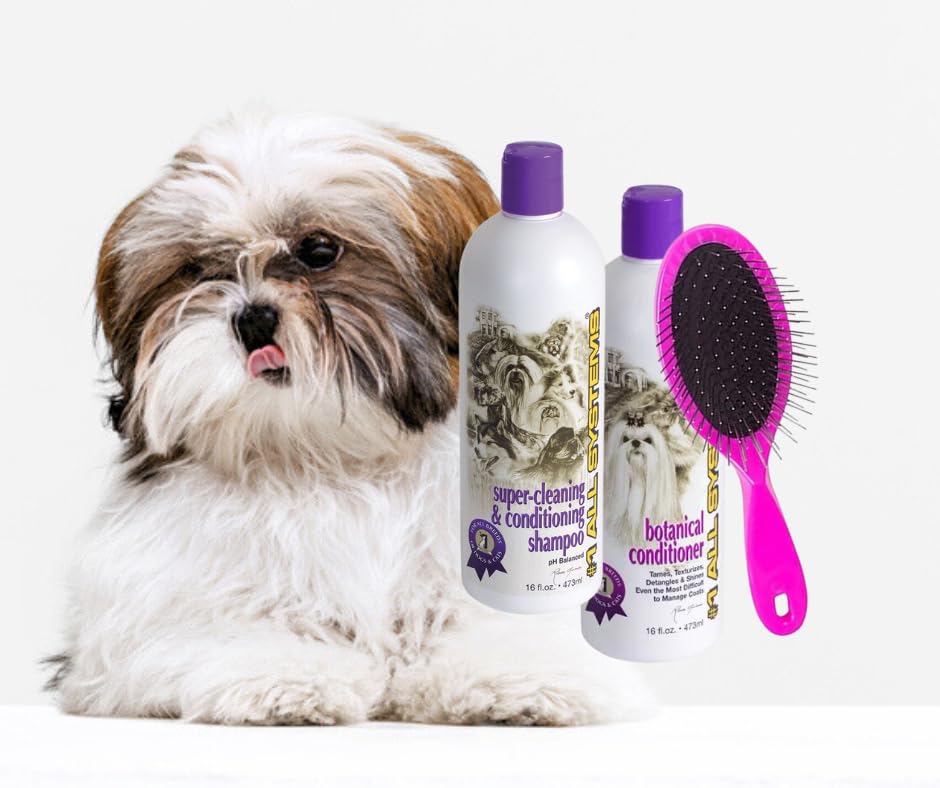#1 All Systems Basic Grooming Package – Super Cleaning & Conditioning Shampoo, Botanical Conditioner and Ultimate Pin Brush Bundle For Dogs and Cats (Hot Pink)
