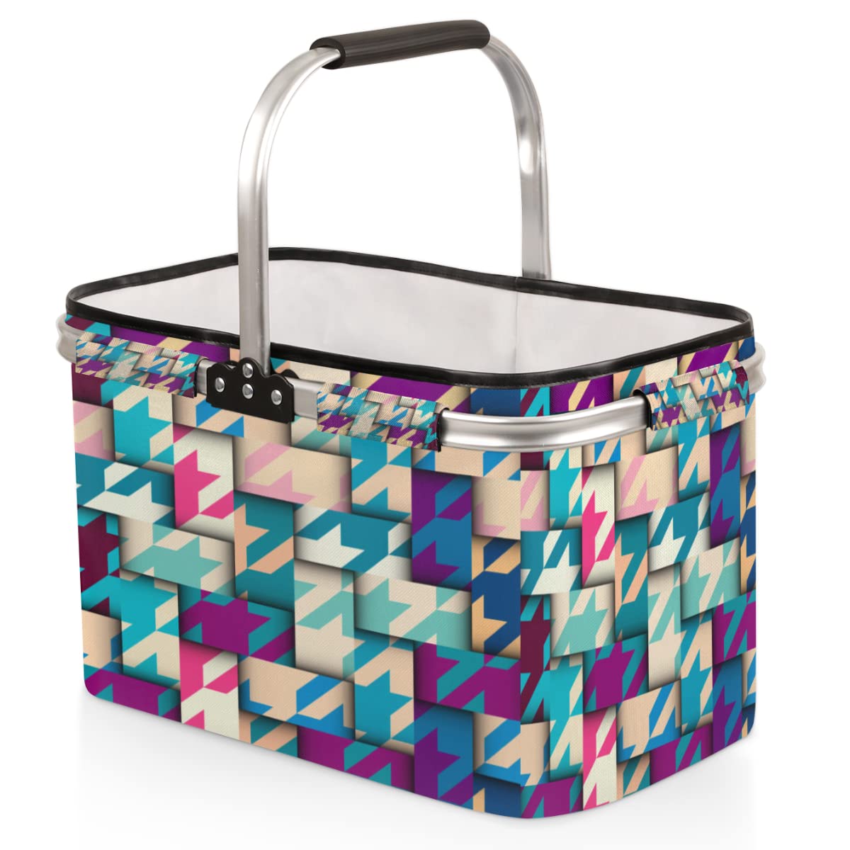 Classic Hounds-Tooth Pattern Geometric Collage Folding Picnic Basket Large Collapsible Market Basket Aluminum Frame Cute Shopping Baskets Reusable Travel Camping Grocery Bags