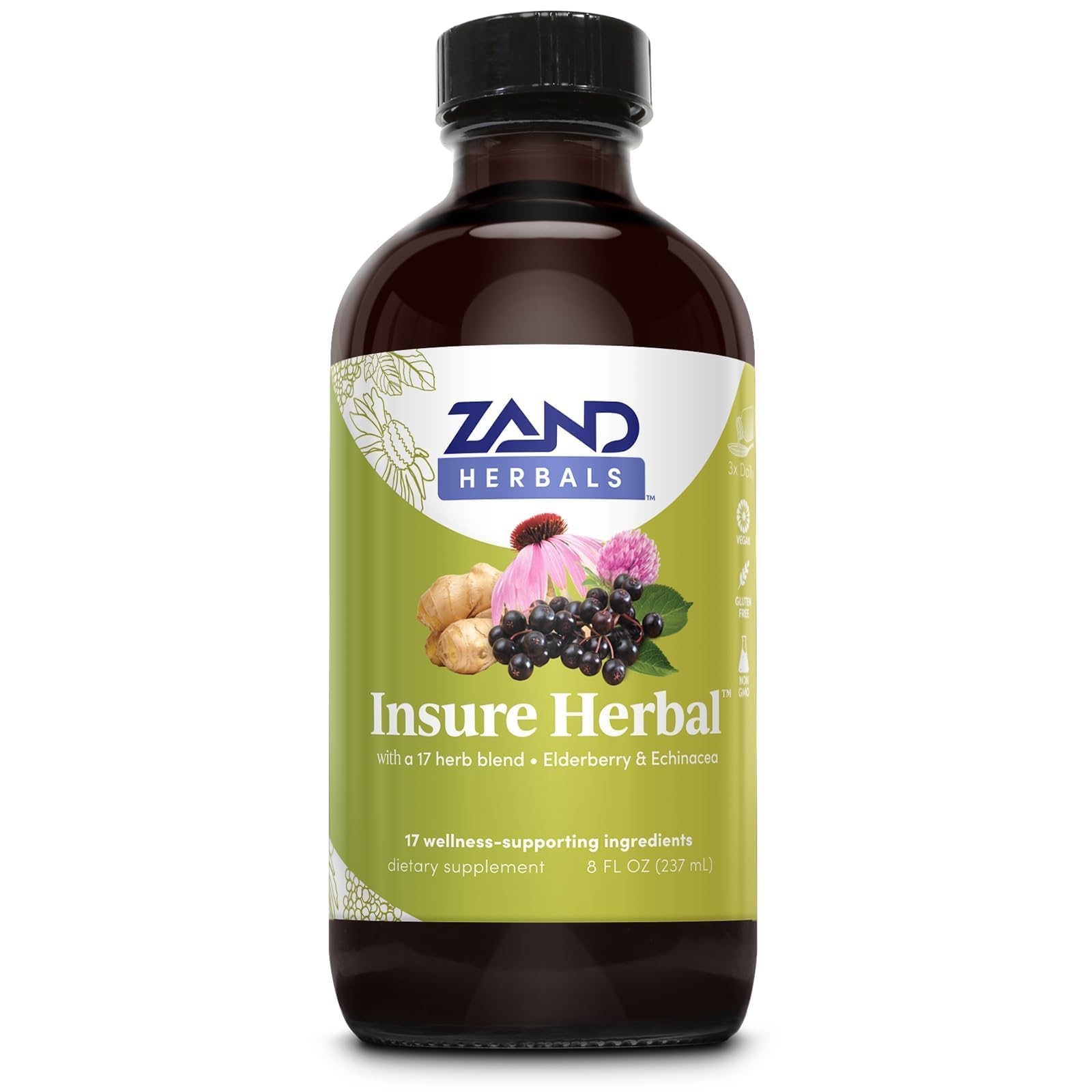 HERBALS Insure Herbal Liquid Blend - 17 Wellness Ingredients - w/Echinacea, Elderberry, Ginger, Sage, Peppermint and More - Gluten Free, Vegan, Non-GMO, 60-Day Guarantee, 197 Servings, 8 FL OZ