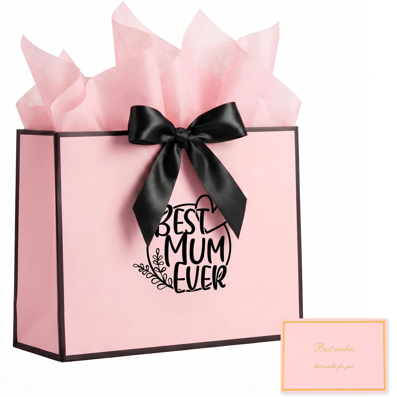 Medium Gift Bag, Mum Gift Bag with Wrapping Paper and Cards, Personalized Birthday Pape Bags for Mummy, Birthday, Women, Mother's Day Presents Packaging (Pink)