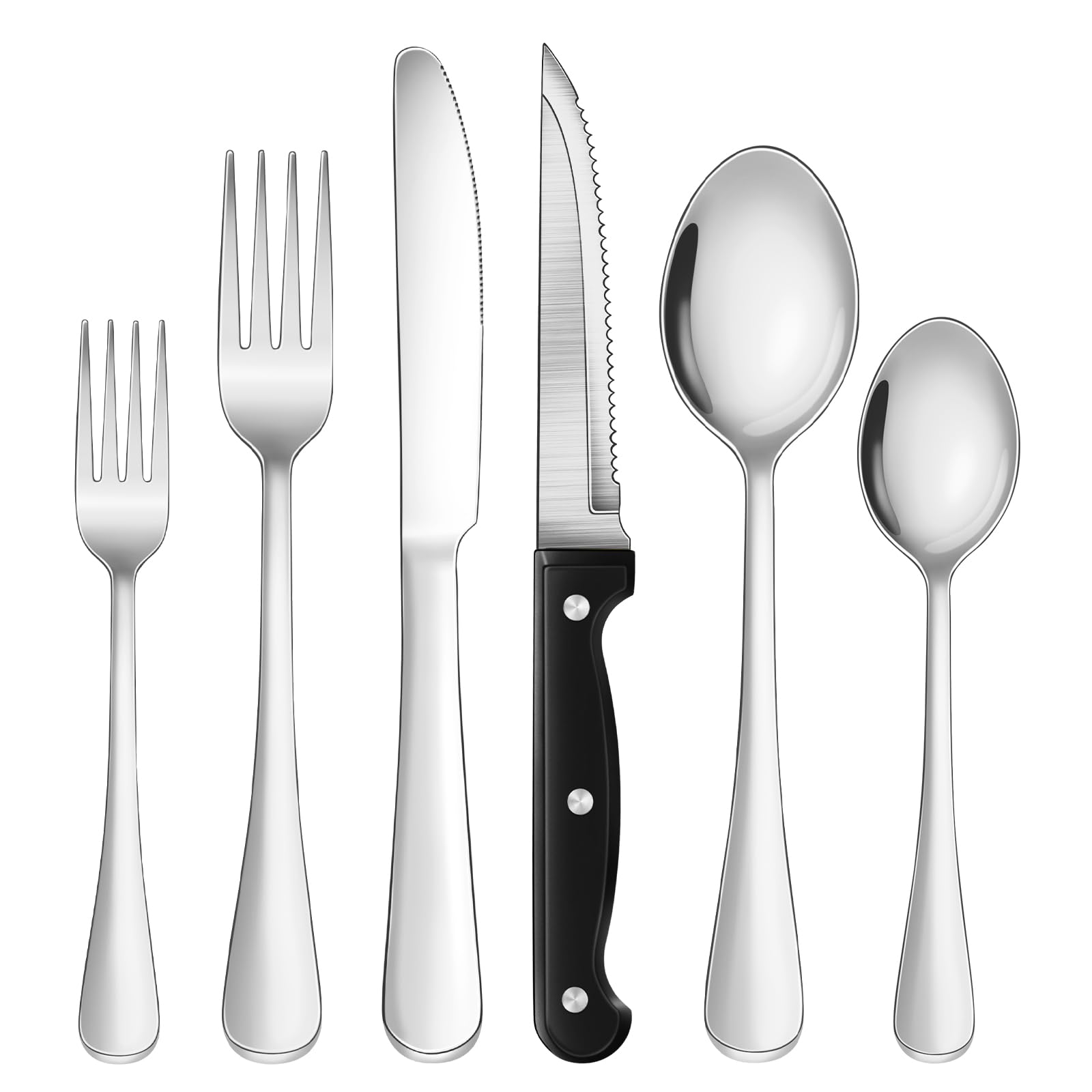 24-Piece Silver Silverware Set with Steak Knives Black Stainless Steel Flatware Set for 4 Food Grade Tableware Cutlery Set Rust-proof, Mirror Polished, Dishwasher Safe