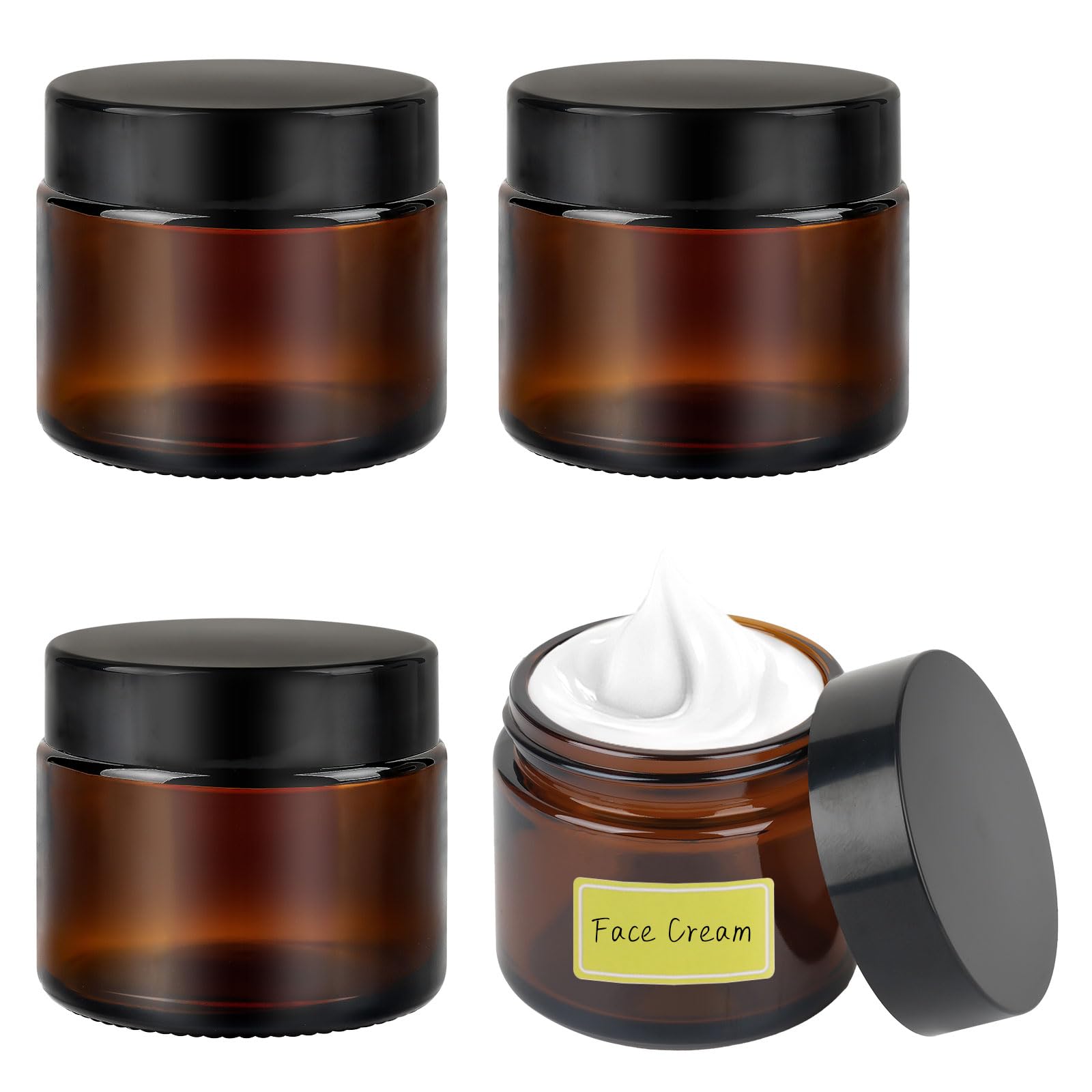 4 Stück Amber Glas Cremedose zum Befüllen, 60ml Salbentiegel, Braunglas Creme Behälter mit Spatel und Aufkleber, Cremetiegel Leerdose für Lotion, Creme, Kosmetik
