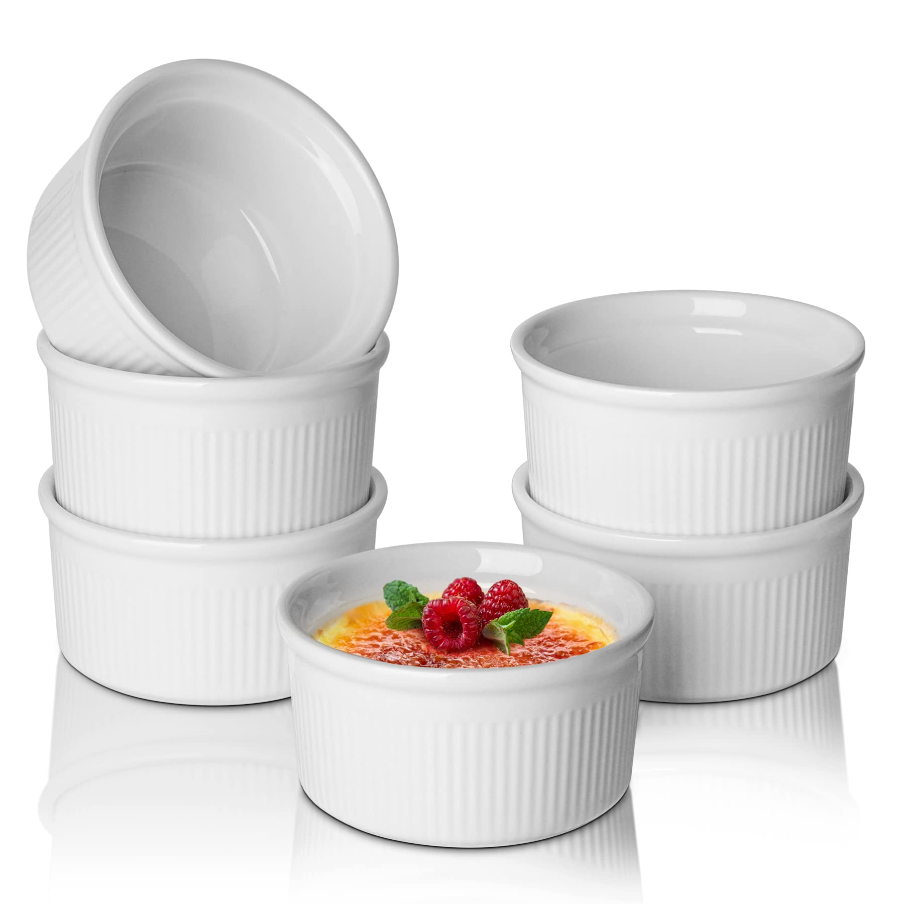 ComSafWhite Porcelain Ramekins, 235ml Baking Cups for Souffle, Creme Brulee, Custards, Pudding and Ice Cream - Durable Pack of 6
