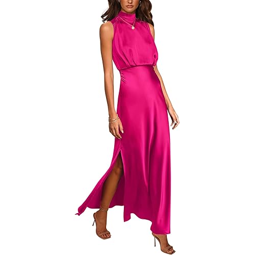BTFBM Women Sleeveless Mock Neck Cocktail Dresses Keyhole Elastic Waist Party Wedding Guest Satin High Split Maxi Dress