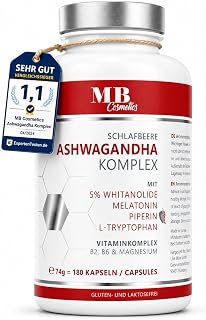 Ashwagandha Kapseln hochdosiert - 180 vegane Kapseln mit KSM-66 Wurzelextrakt, 5 % Whitanolide, Tryptophan, Melatonin, Magnesium - aus der indischen Schlafbeere, laborgeprüft, Made in Germany