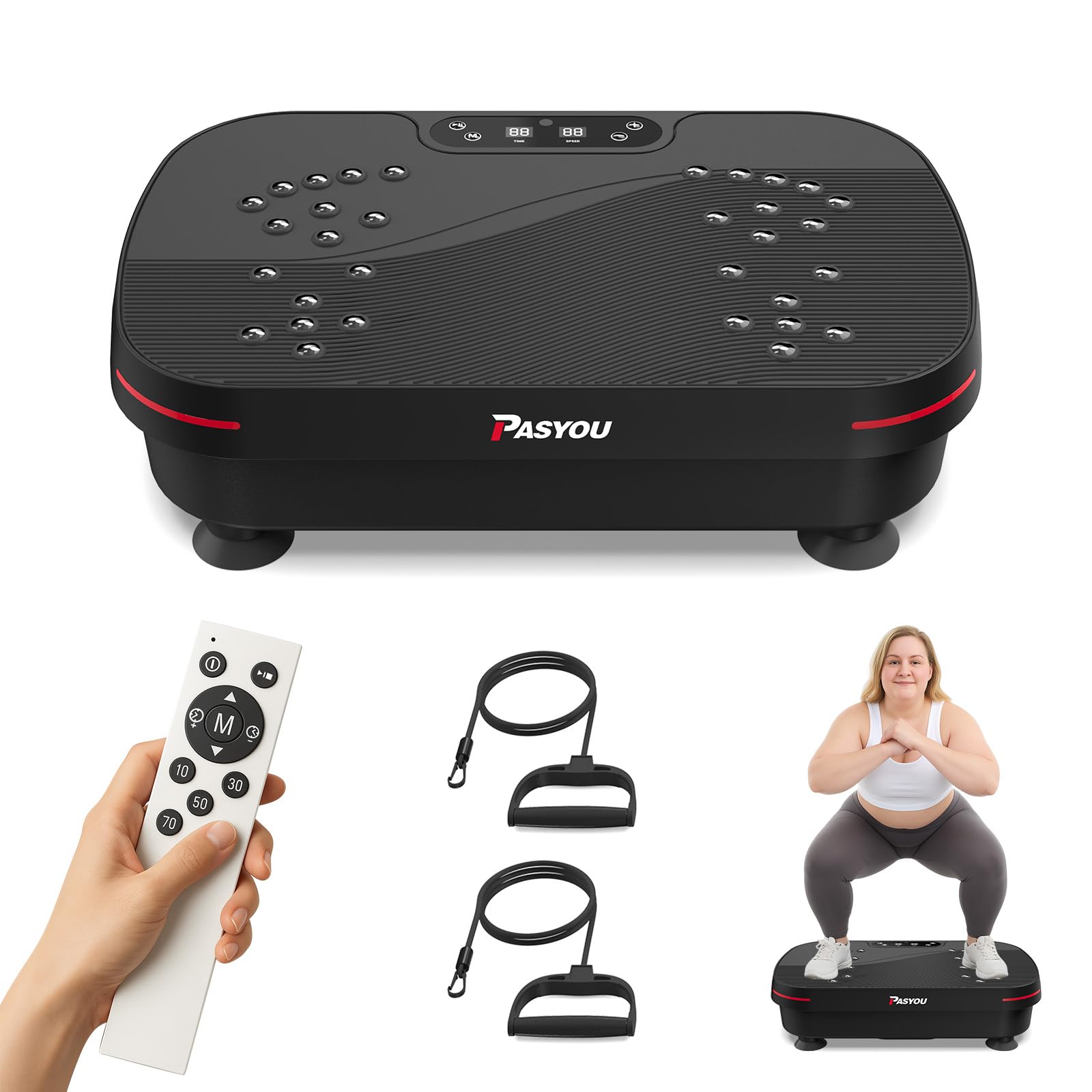 PASYOU Pedana Vibrante,Potente Pedana Vibrante Dimagrante per la Costruzione e la Modellazione Muscolare, Pedana Fitness Oscillante per Glutei Gambe con Telecomando e 2 Fasce di Resistenza