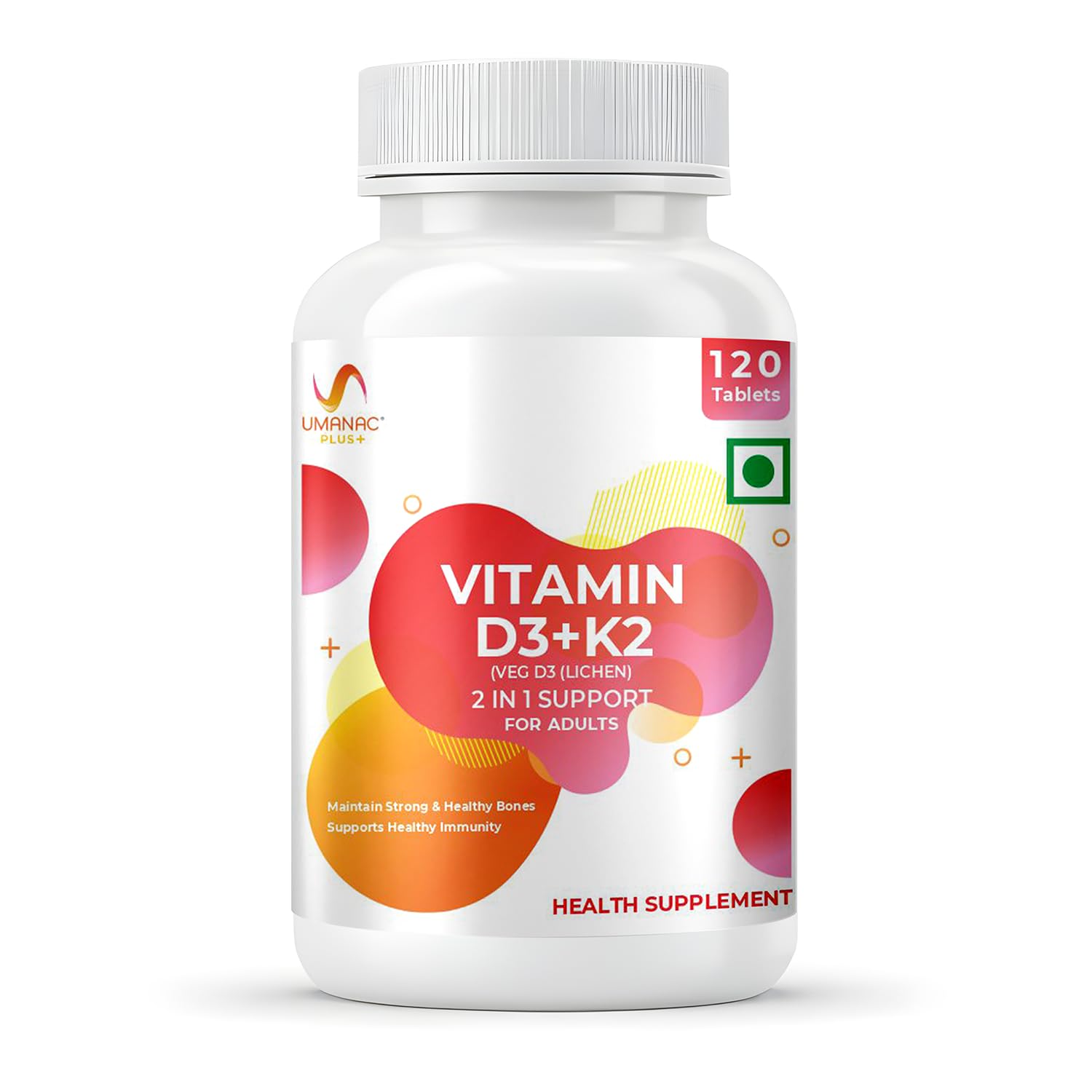 Umanac Plus Vitamin D3 + K2 (MK-7) Tablets | Bone Strength, Calcium Absorption, Joint Support & Immunity | 120 Tablets | Health Supplement-image-37