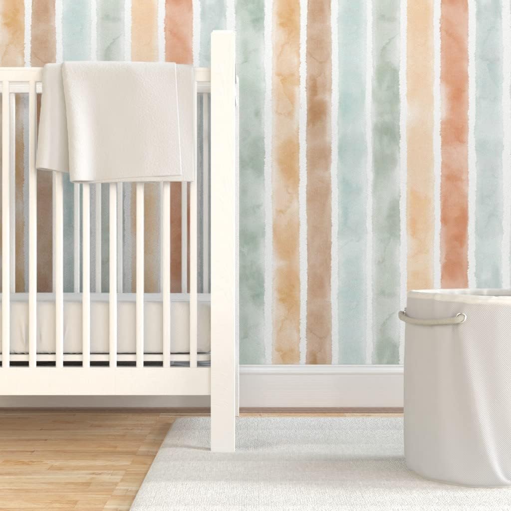 Peel & Stick Wallpaper 3ft x 2ft - Watercolor Stripes Mint Neutral Colors Vertical Lines Orange Green Custom Removable Wallpaper by Spoonflower