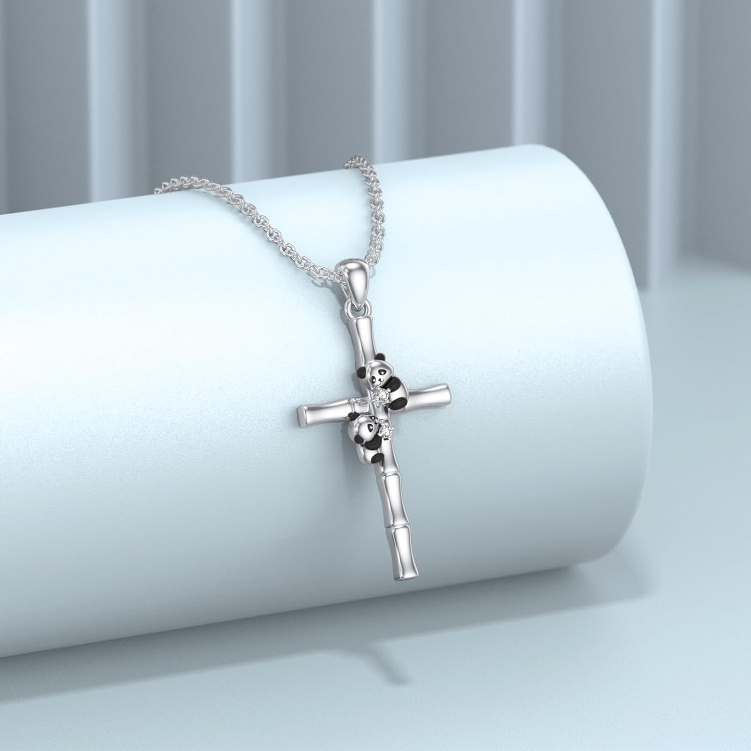 Diamond Cross Necklace 925 Sterling Silver Panda Cross Pendant Necklace with Lab Grown Diamonds Jewelry Gifts for Women Panda lovers