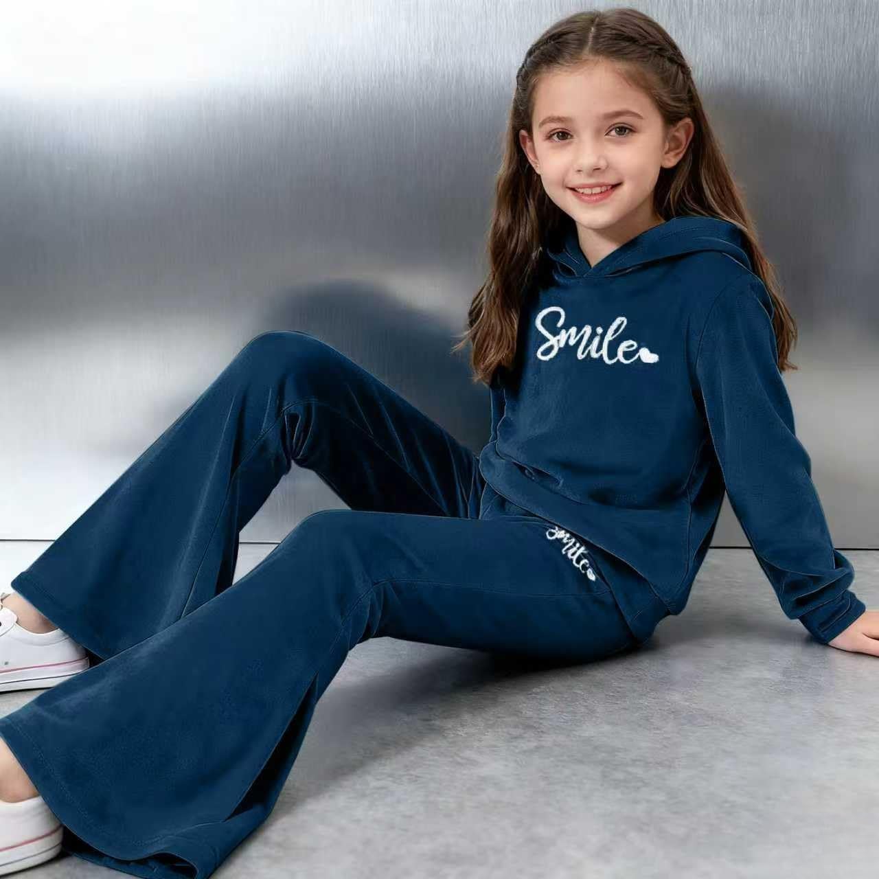 6-13 Years Girls Clothing Heart Print Hoodie Top + Heart Print Flare Leg Pants 2PC Clothing Set - Image 2