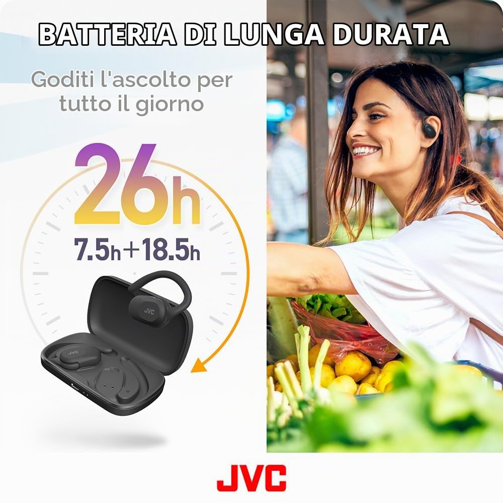 JVC HA-NP40T-B, cuffie Nearphones True Wireless Open-Ear con ganci per l'orecchio Pivot Motion, magnete al neodimio da 16 mm, Bluetooth 5.4, 26 ore di riproduzione - Nero