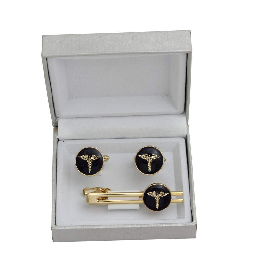 Mens Formal Round Black And Gold Cuff Link And Tie Pin Set With Doctor Insignia