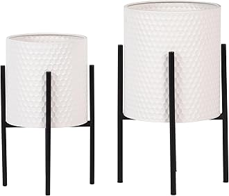 Decorative Flower Pots with Metal Stand for Home Decor - Modern Planters for Hallway, Entryway, and Living Room Decor - Indoor and Outdoor Pots for Plants - Set of 2, 23", 19", White & Black