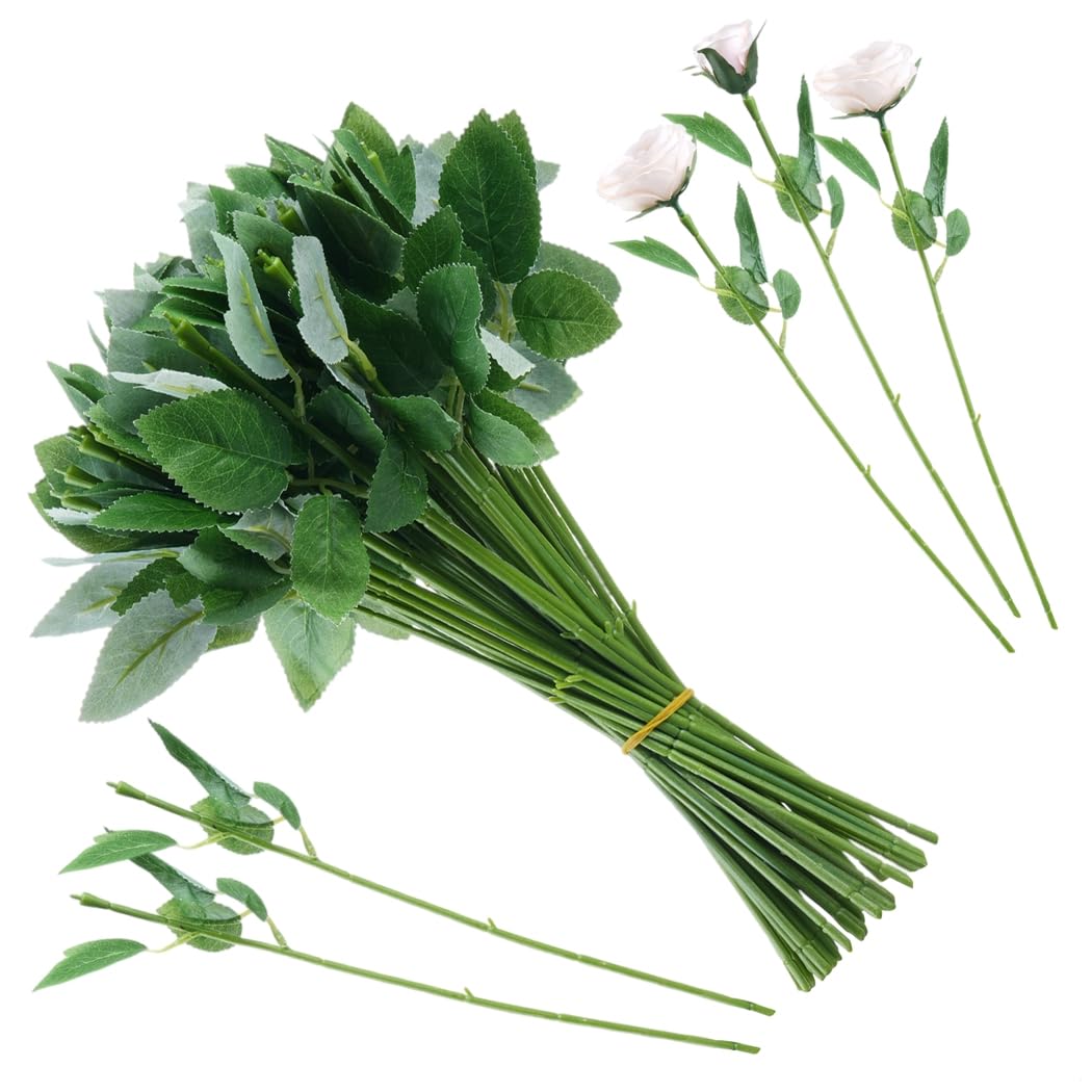 Swewarm Green 50 Pcs Faux Rose Stems With Leaves, Flexible Floral Stems For Artificial Flower Diy Arrangements And Crafting