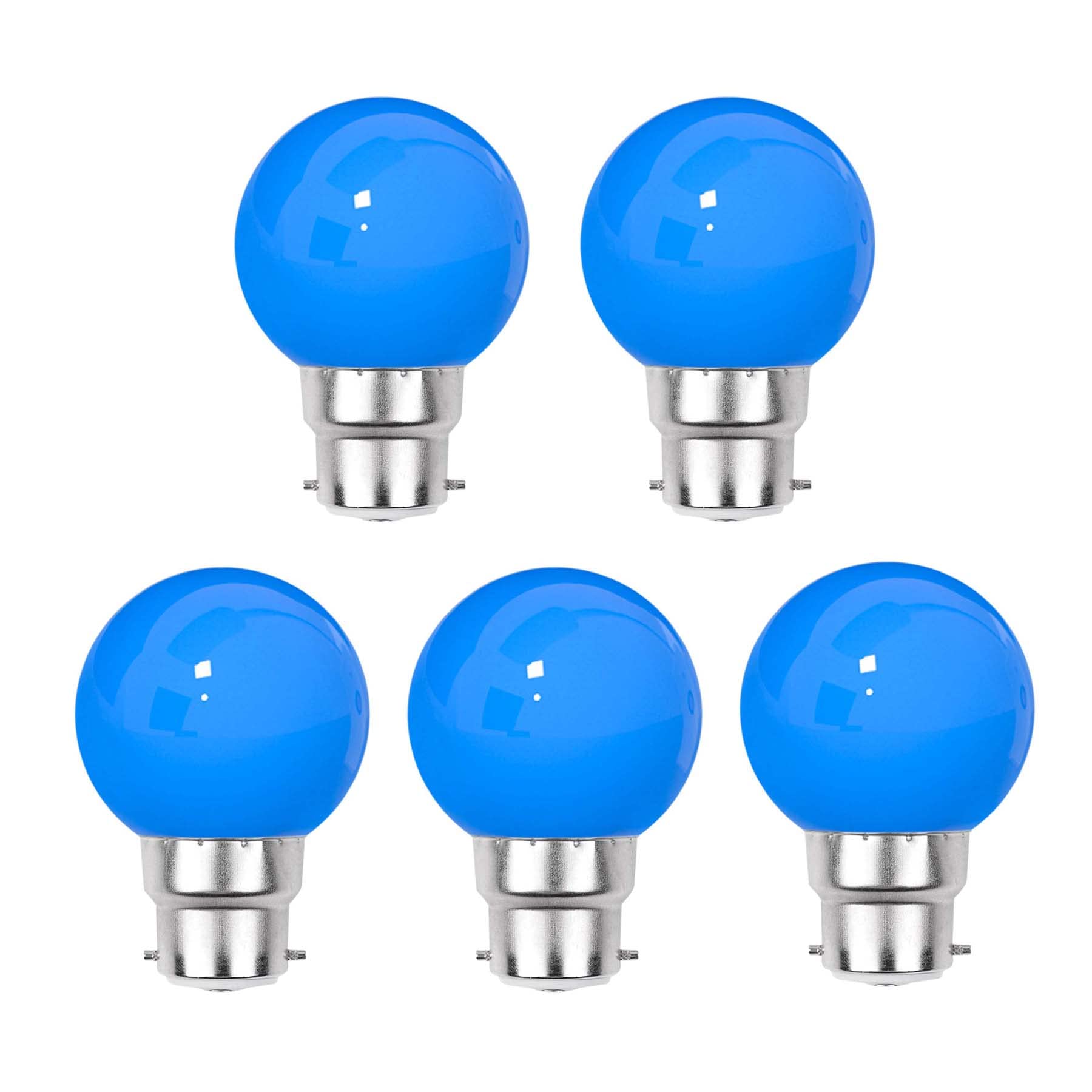 G.W.S® Pack of 5, B22 Bayonet 3W Blue, G45 LED Coloured Light Bulb, Garden Party Wedding Festoon Lights