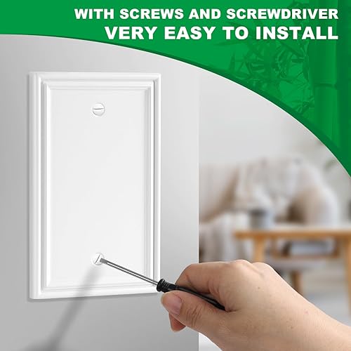 Miniatura 6 de Placa decorativa blanca para interruptor de luz en blanco, placa de pared, material de fibra de bambú natural, estilo moderno (1 banda en blanco, 4